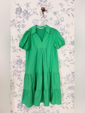 English Factory Bright Green Tiered Puff-Sleeve Maxi Dress